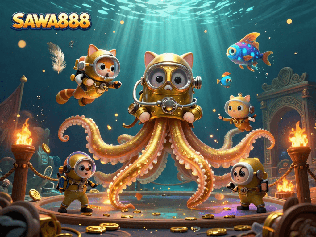 Embark on an adventure with SAWA888 as a diving cat and a kraken discover treasure in this vibrant casino scene.