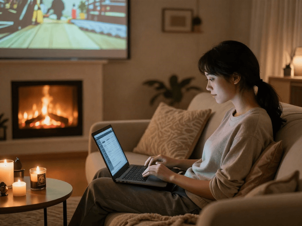 Engaging in an AI sex chat on a laptop in a cozy home setup