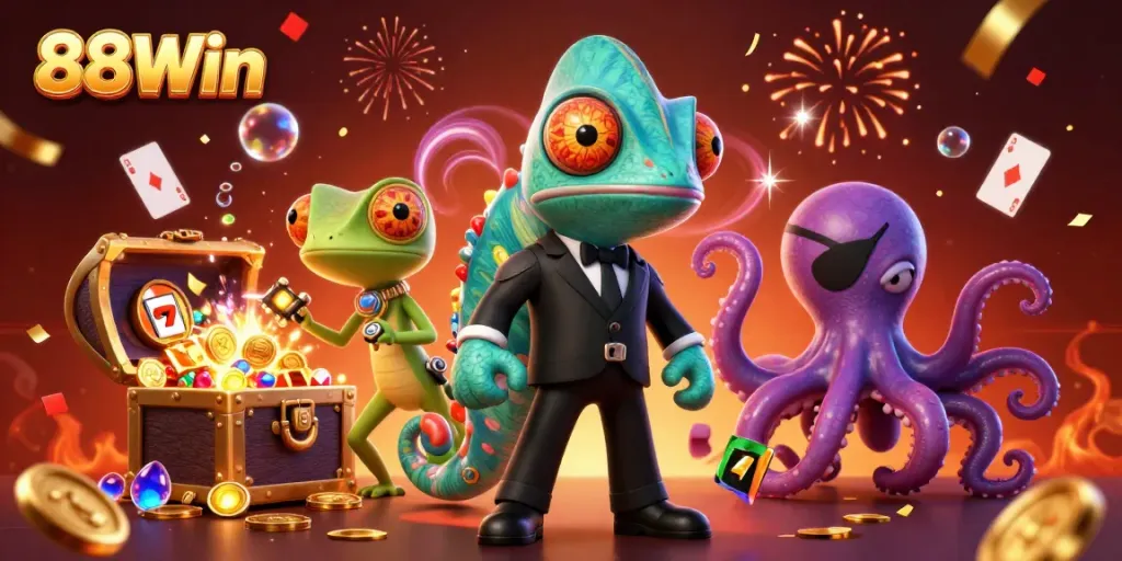 Experience thrilling moments at 88Win with dynamic characters exploring vibrant casino elements and underwater treasures.