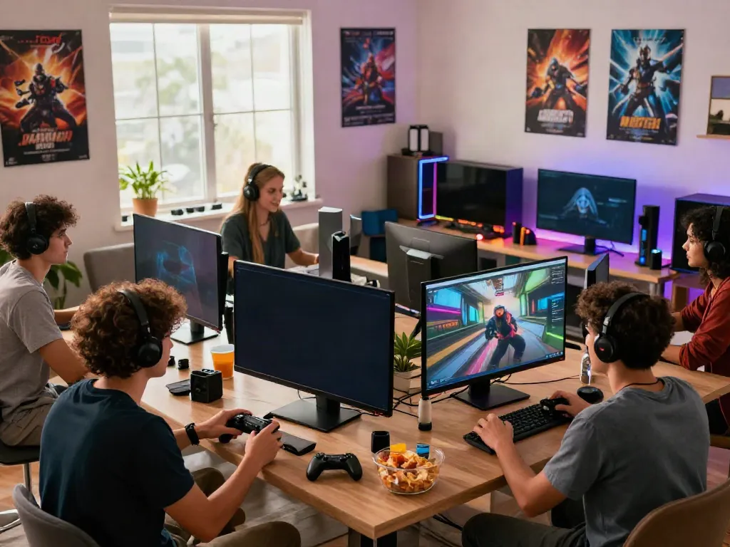 Engaging game night scene with friends enjoying online entertainment at http://debet-onl.com, showcasing excitement and community.