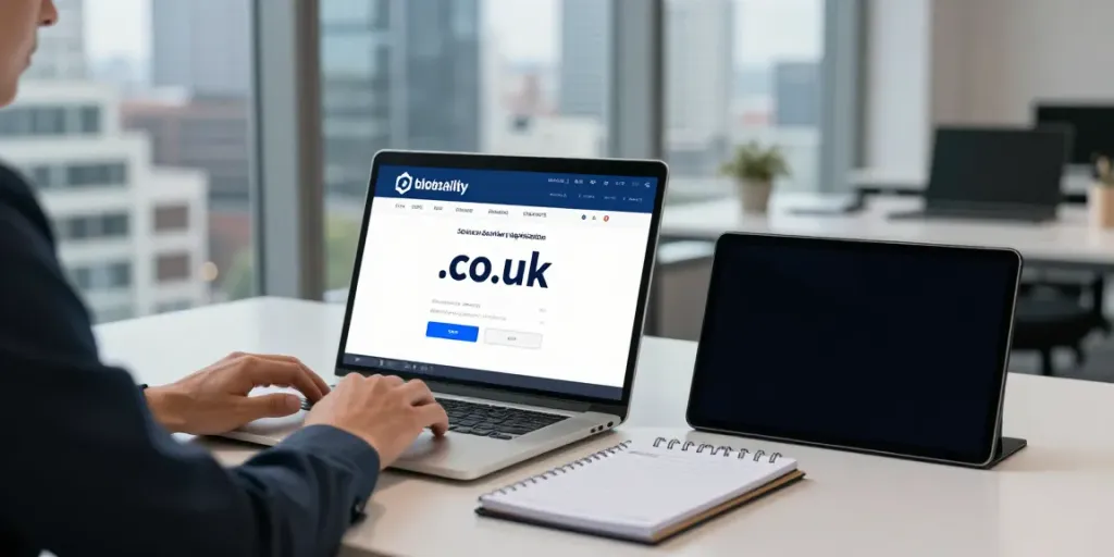 Professional managing .co.uk domain registration while checking availability on laptop in an office setting.