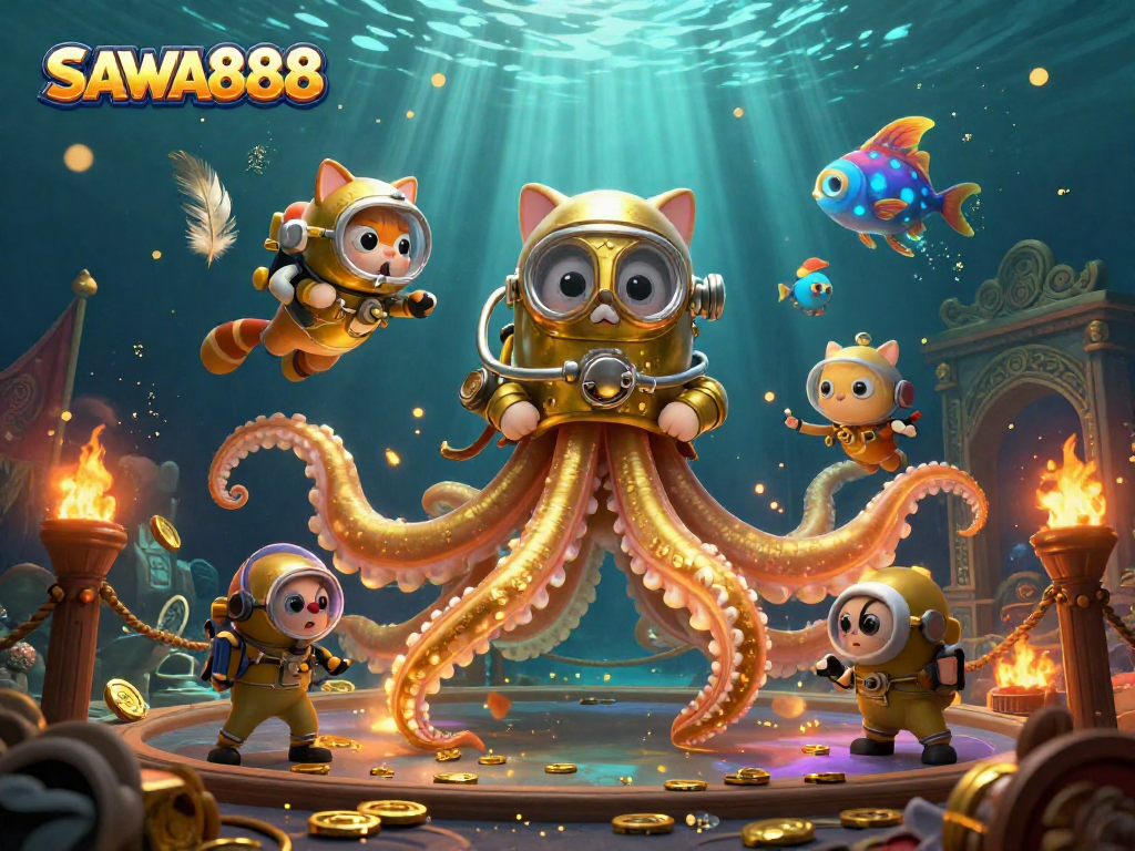 Embark on an adventure with SAWA888 as a diving cat and a kraken discover treasure in this vibrant casino scene.