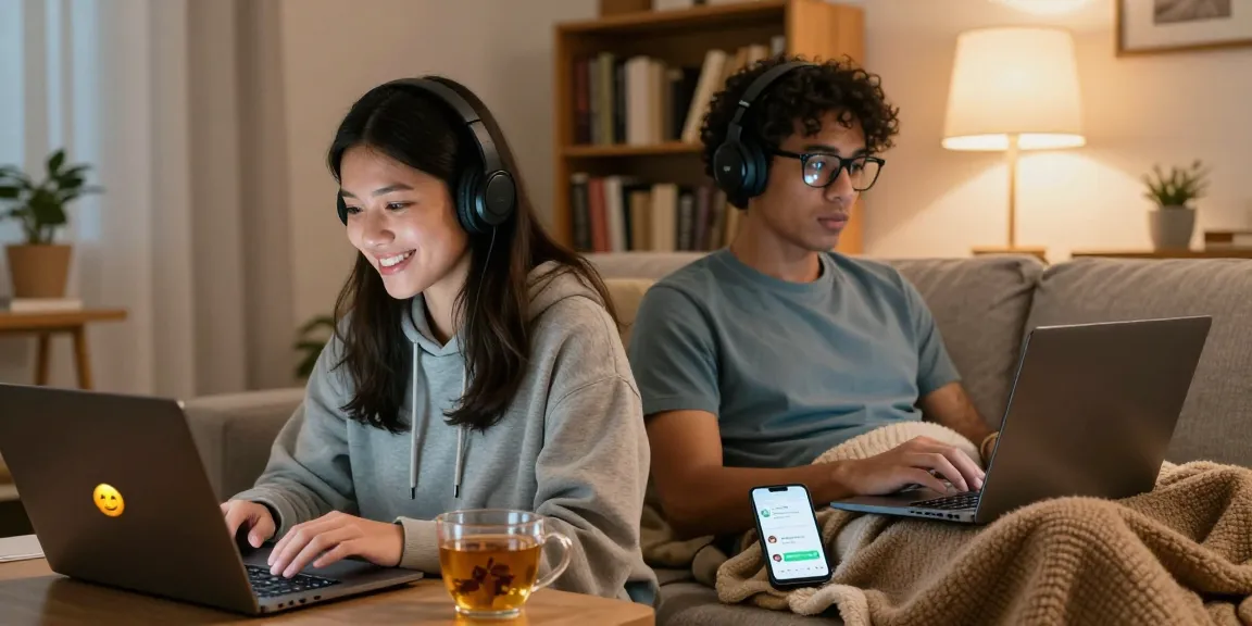 Engaging ai sex chat between two individuals in cozy home settings, showcasing modern tech in an intimate atmosphere.