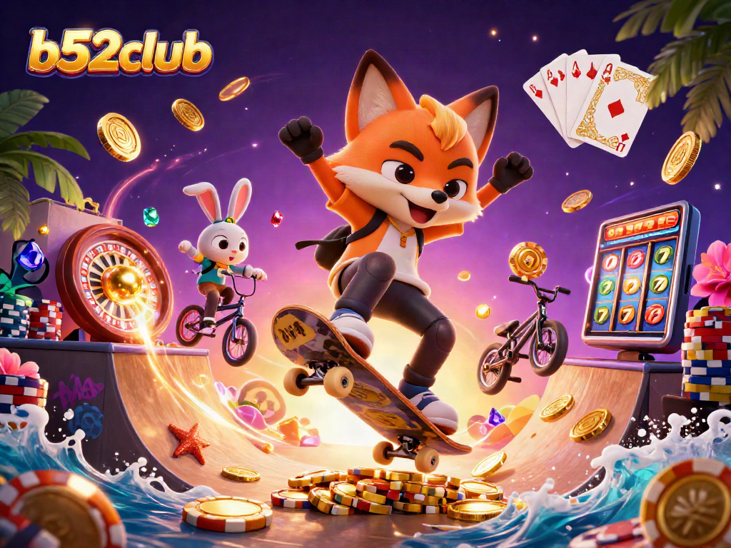 b52club showcases thrilling casino action with a fox and rabbit animated scene, capturing gaming excitement.