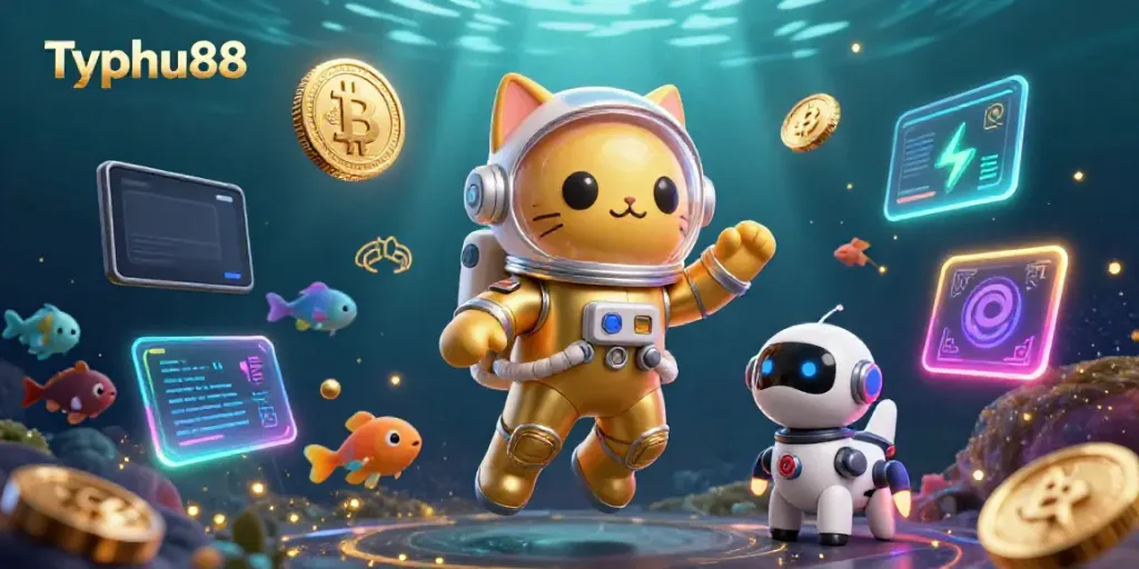 Experience exhilarating bets with Typhu88 in this vibrant 3D casino illustration featuring unique characters and crypto elements.