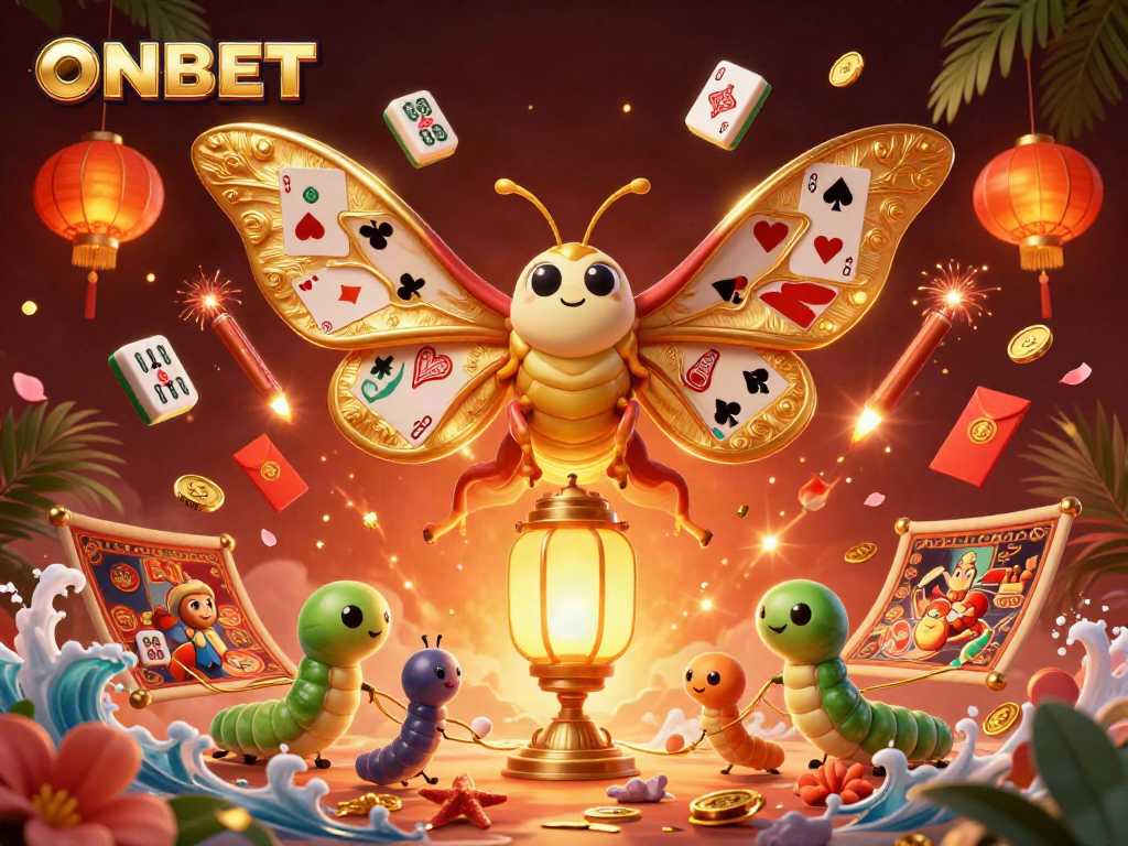 Experience the excitement of ONBET with a vibrant casino scene featuring a majestic atlas moth and golden lanterns.