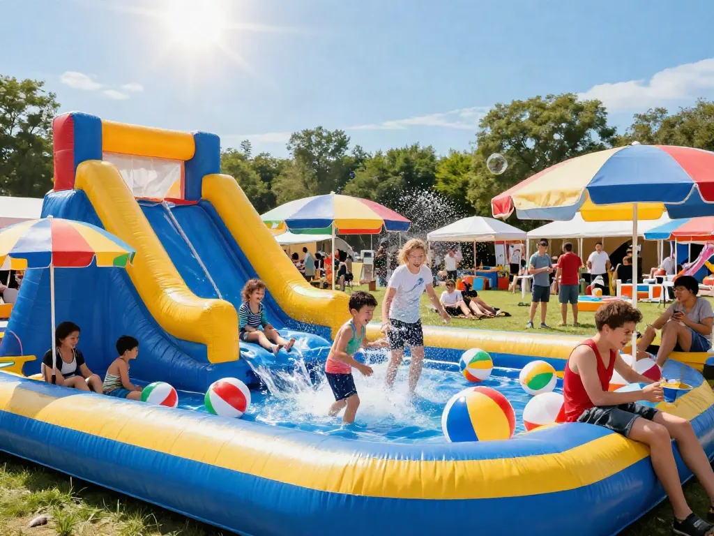 Children joyfully playing on inflatable water slides at a summer festival.