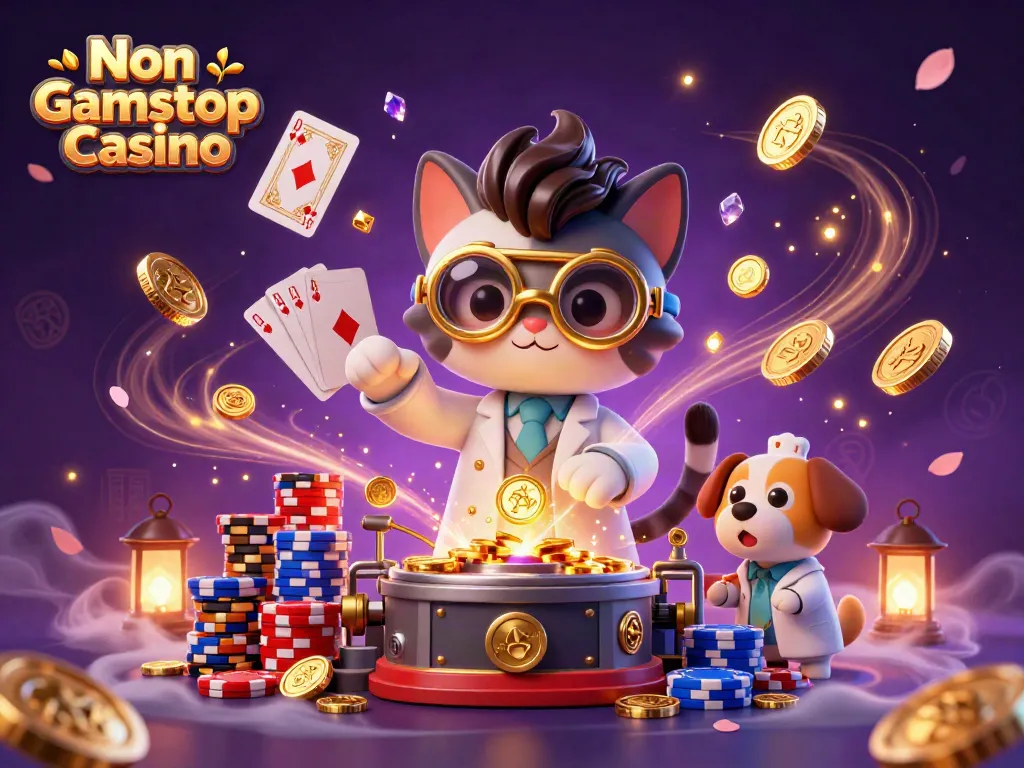 Play in the Non Gamstop Casino with colorful poker chips, cascading coins, and animated characters.