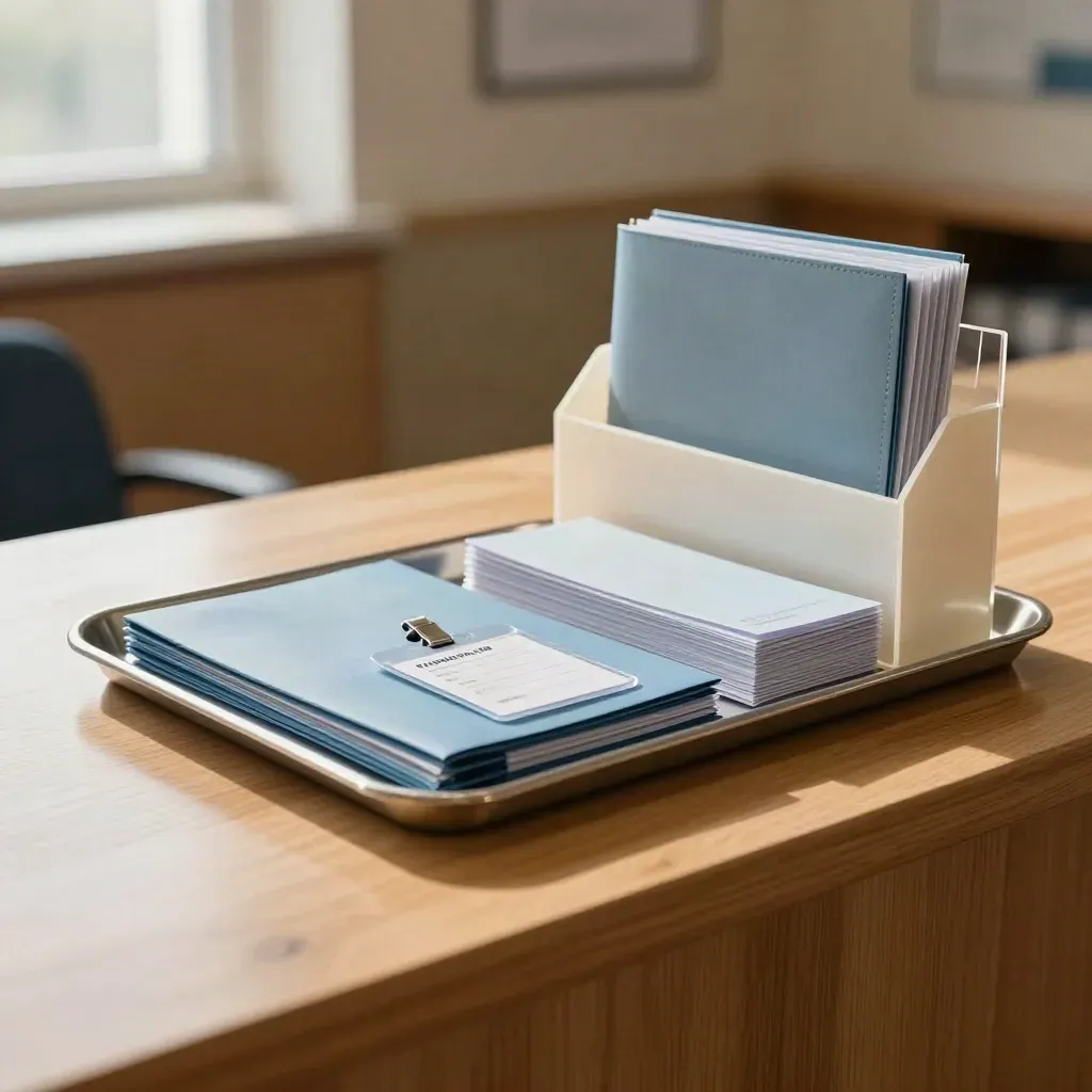 Safeguarding tray with blue file wallets and clearance sleeves on a warm school reception counter.