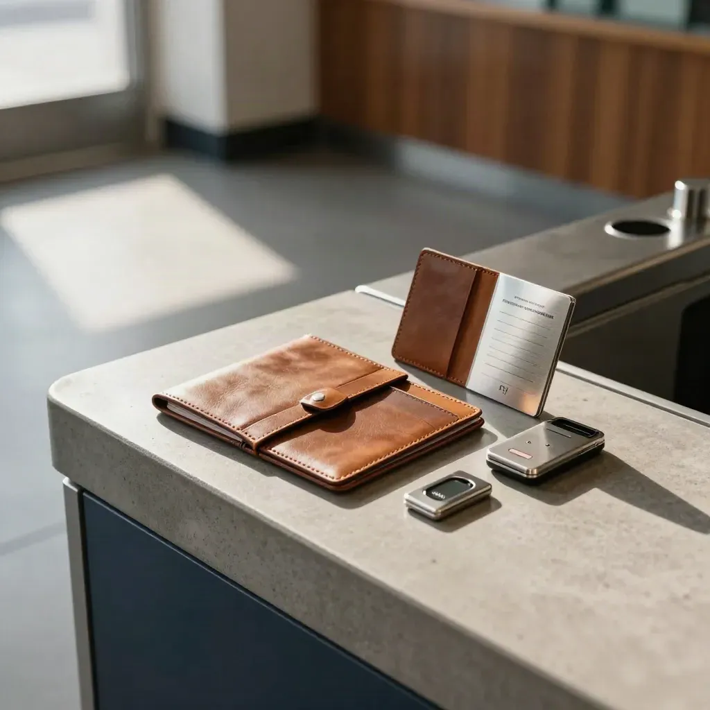 Passport sleeve, document wallet, gate pass and biometric token beside a turnstile pedestal.
