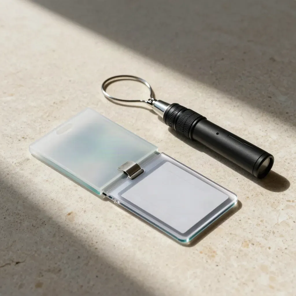 Overhead ID verification tools on travertine, with a frosted sleeve partly open