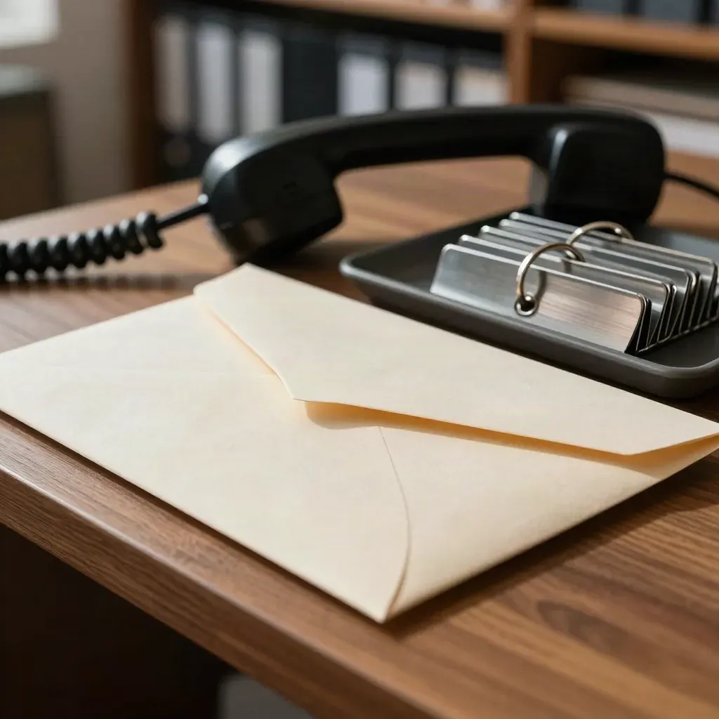 Sealed employer reply envelopes beside a corded handset and silver file tabs on a dark tray