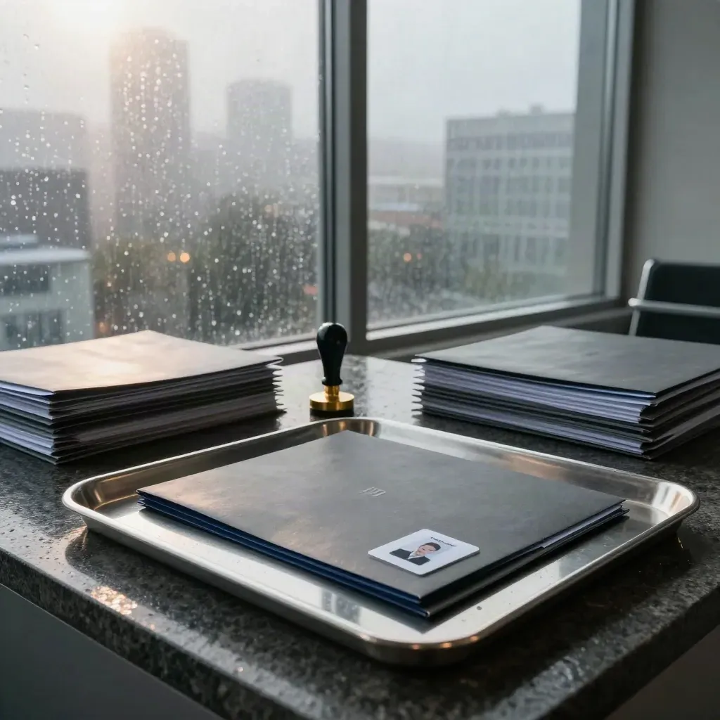 Dark compliance office with vetting folders, identity sleeve, stamp and steel tray in morning fog