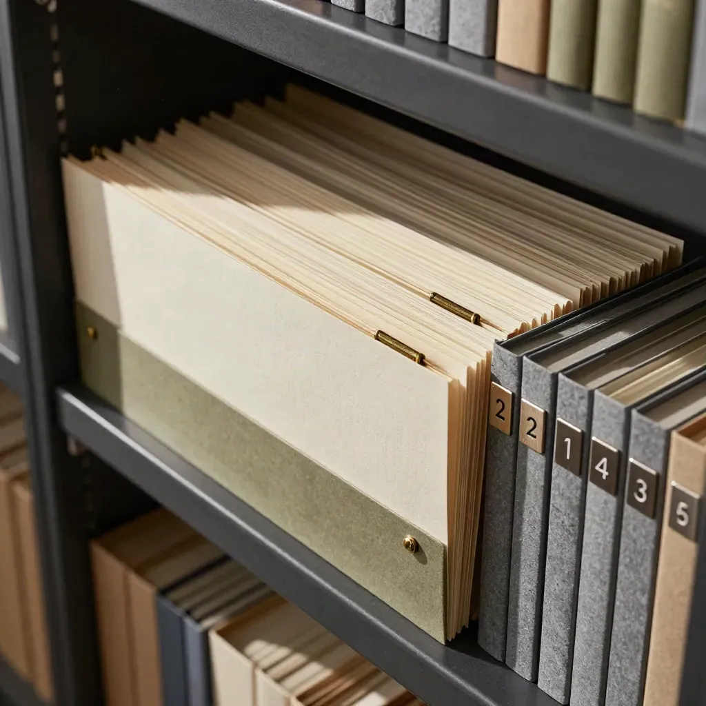 Pale address-history cards, keyed folders and tiny door plaques on a charcoal archive shelf.