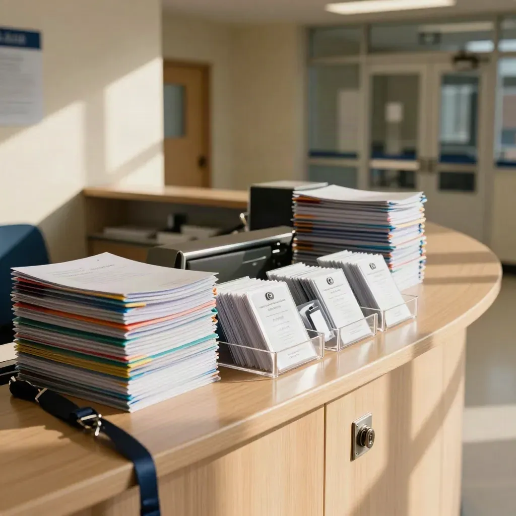 School reception clearance packs and safeguarding folders ready in a bright corridor
