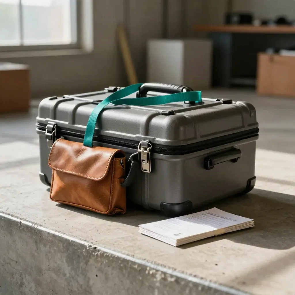 Contractor vetting pack staged on concrete with teal lanyard and site pouch
