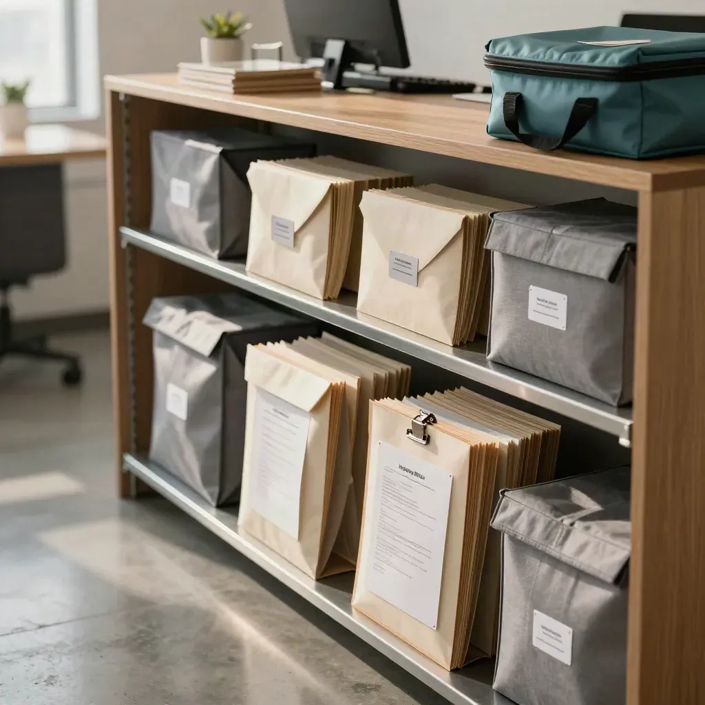 Dispatch shelf of candidate packs, courier pouches and verification bundles in a modern office.