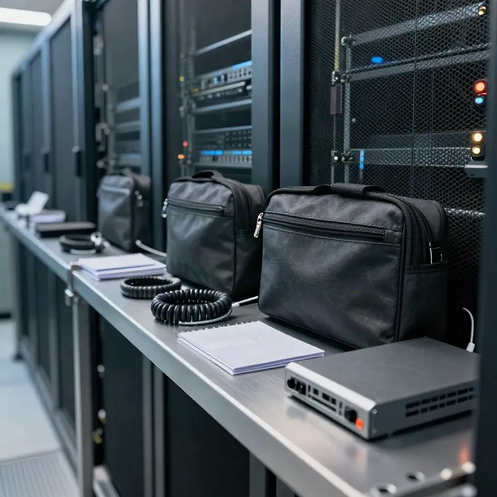 Server-room shelf with sealed contractor pouches, cable ties and a powered-up dock
