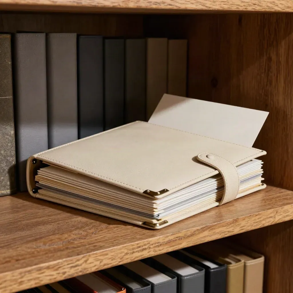 Archive shelf with identity wallets, right-to-work sleeves, and a binder under dramatic light.