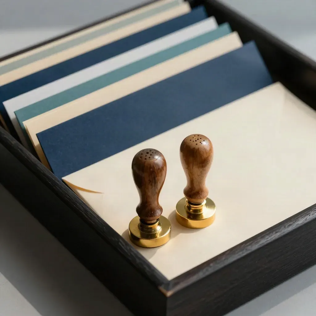 Macro vetting tray with colour-coded folders, brass stamp and evidence envelope on dark wood.