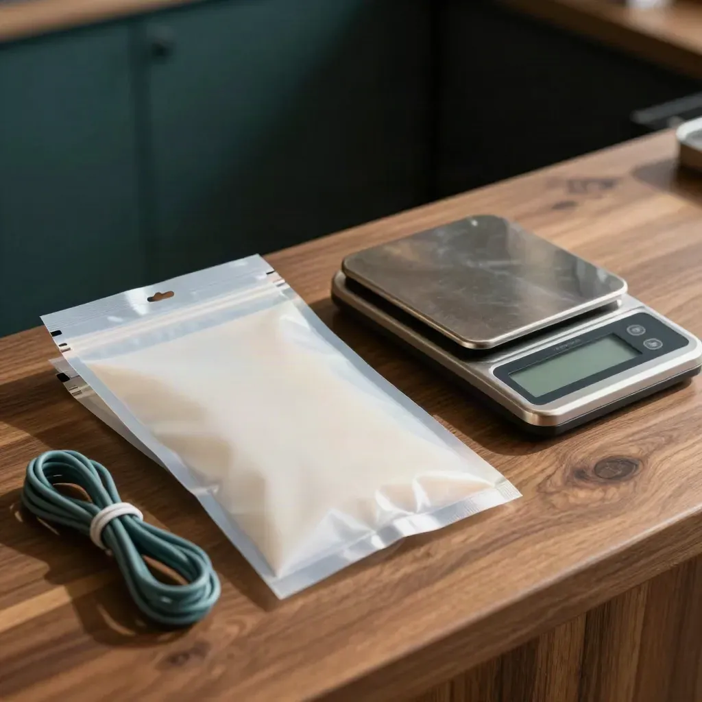 Macro of onboarding tools: sealed pouch, postal scale, card sleeves and teal cable loop on walnut.