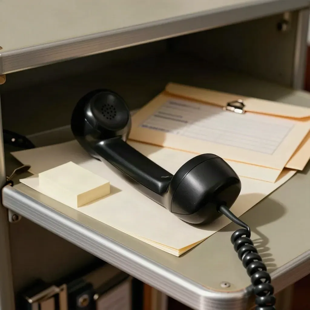 Corded handset, sealed reply envelopes and steel clips on a verification cradle in close-up.