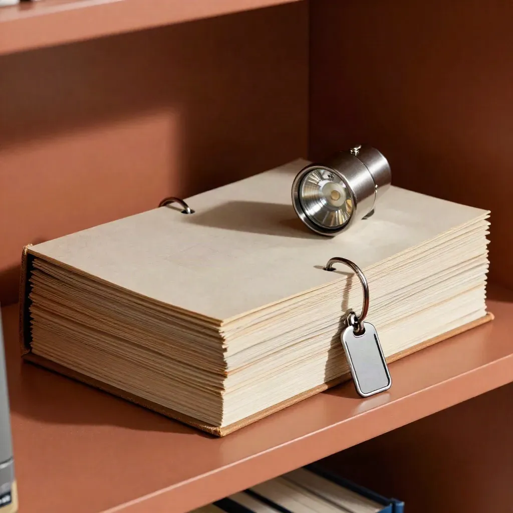 Sealed compliance files with metal rings, a key tag and inspection lamp on a terracotta ledge.