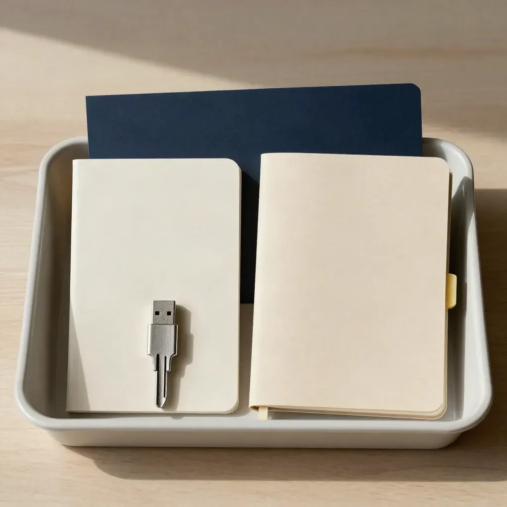 Flat lay of name sleeves, USB key, notebook and dividers in a postal tray on pale wood.