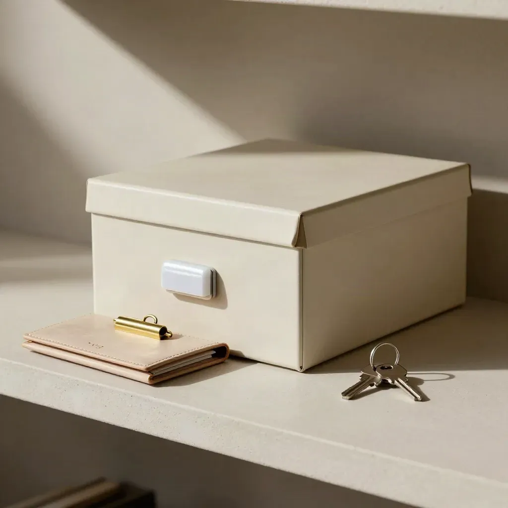 Sealed archive box, duplicate file wallet, brass clip and keys on a pale shelf.