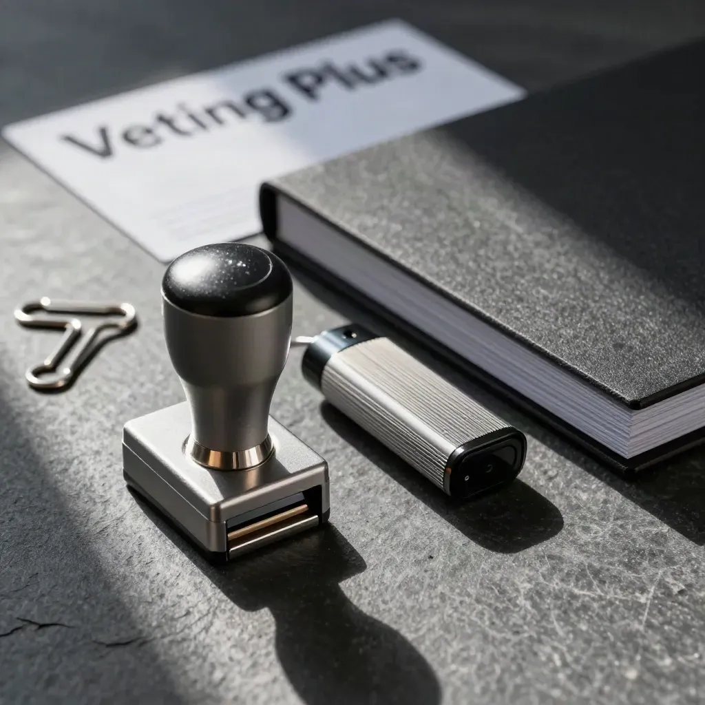 Verification stamp with clips, scanner puck and sealed folders on dark stone.
