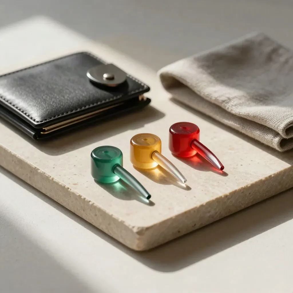 Translucent status markers beside a results wallet and metal clip on a stone tray