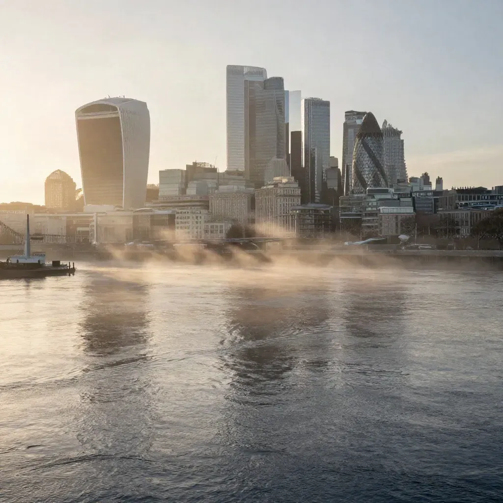 London skyline and Canary Wharf over a misty Thames at sunrise, calm water below.