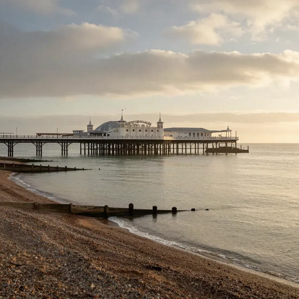 Brighton seafront and pier at golden hour with calm shingle beach and salt haze.