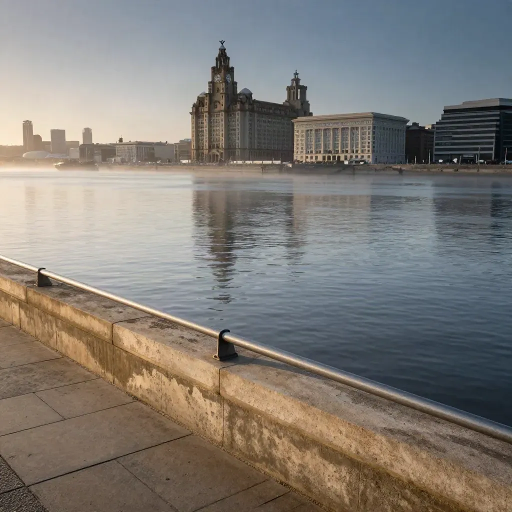 Liverpool waterfront with the Liver Building above a calm Mersey at blue hour