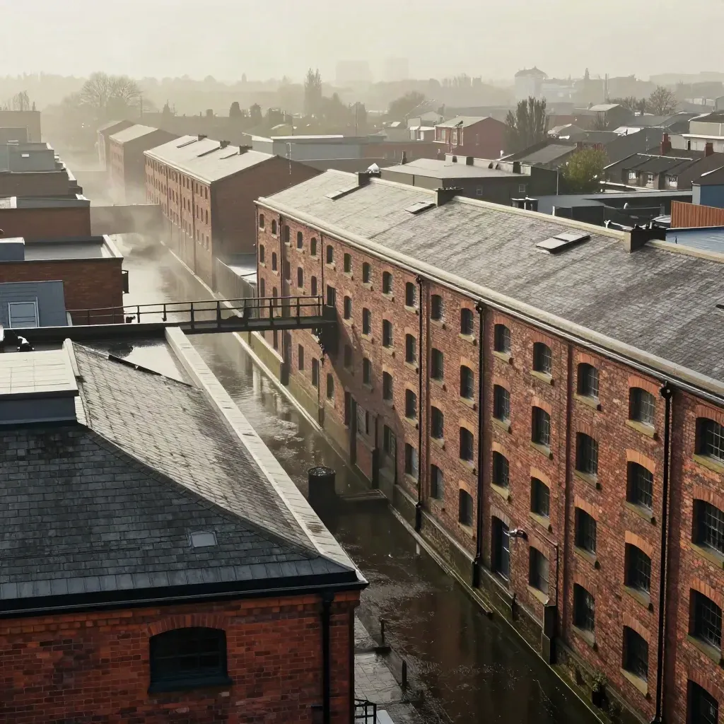 Elevated view of Birmingham canal warehouses and skyline after rain under hazy side light