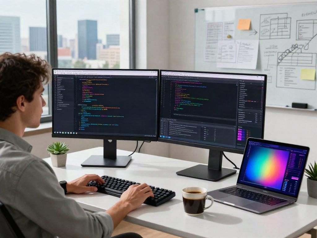 Workspace showcasing instant indexing development tools with dual monitors, coffee, and city view.