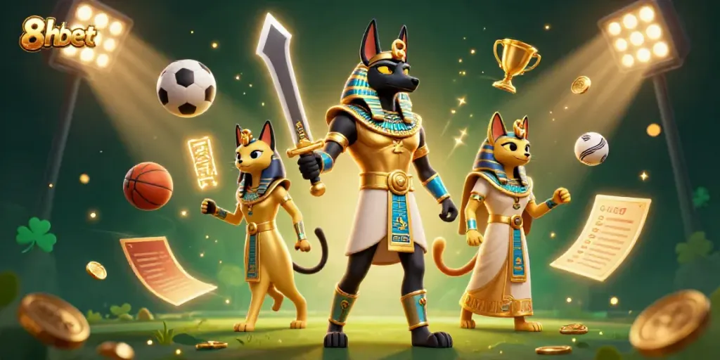 Experience the excitement of 8xbet with Anubis and Bastet in a vibrant sports betting scene.
