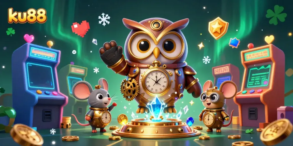 Experience thrilling gaming with ku88's time-traveler owl in a vibrant casino setting.