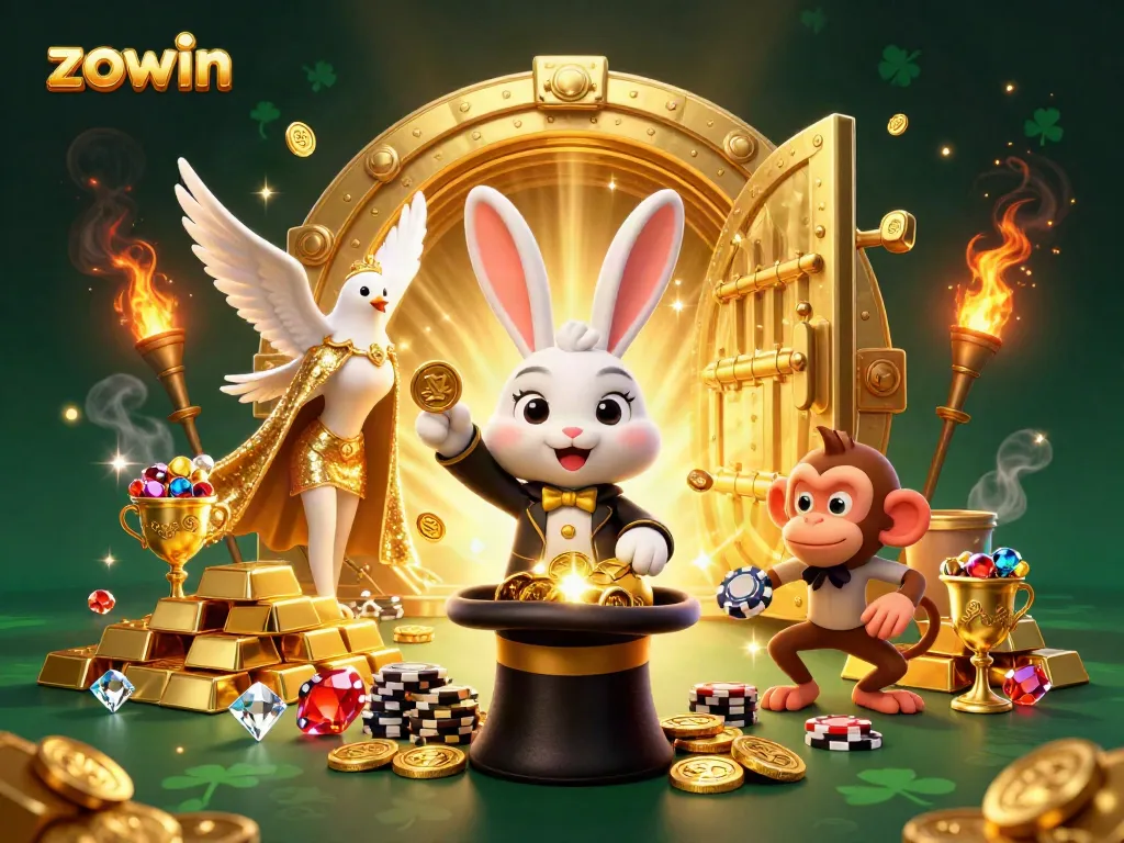 Engage in thrilling gaming with zowin's magical casino scene where a rabbit conjures gold coins.