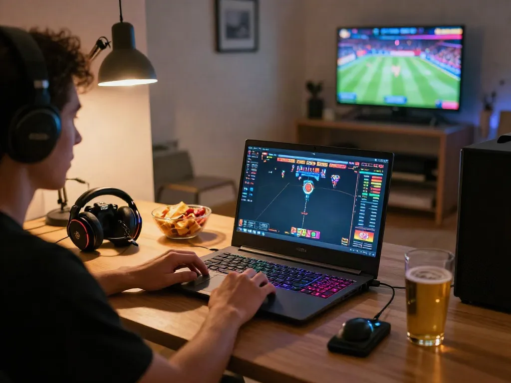 Engaged player at home gaming on casinos that accept credit cards, vibrant atmosphere with gaming gear and snacks.