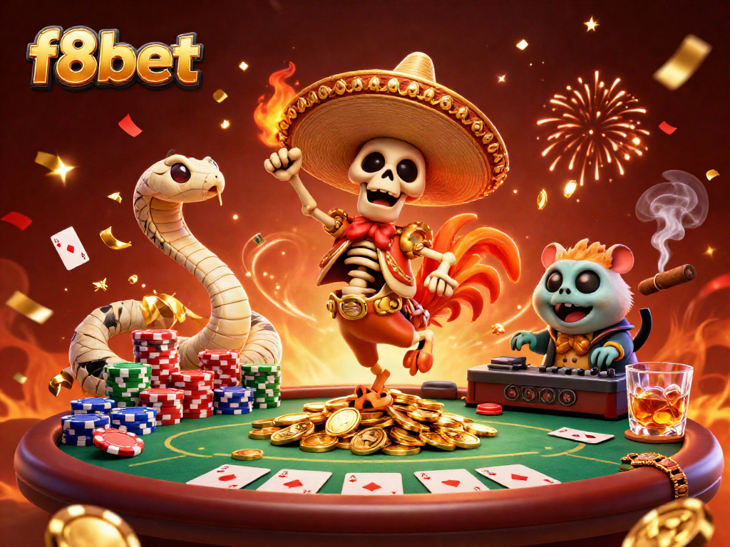 f8bet showcases a lively casino scene with unique characters celebrating a poker win.