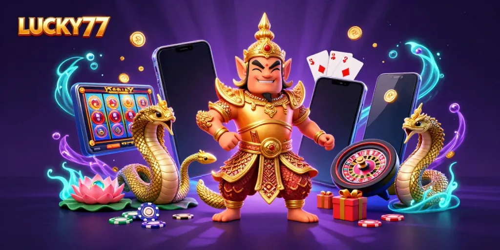 Spin for big wins with LUCKY77 in a vibrant casino-themed digital illustration featuring dynamic characters and game elements.