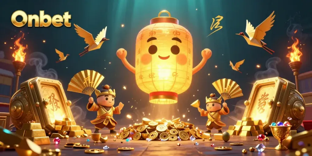 Engage with Onbet's vibrant casino atmosphere featuring a lantern spirit surrounded by dynamic game elements.