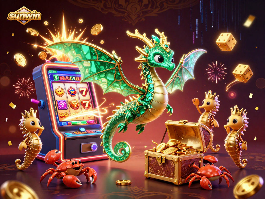 Experience sunwin's thrilling jackpot rush with a vibrant 3D illustration of casino elements!