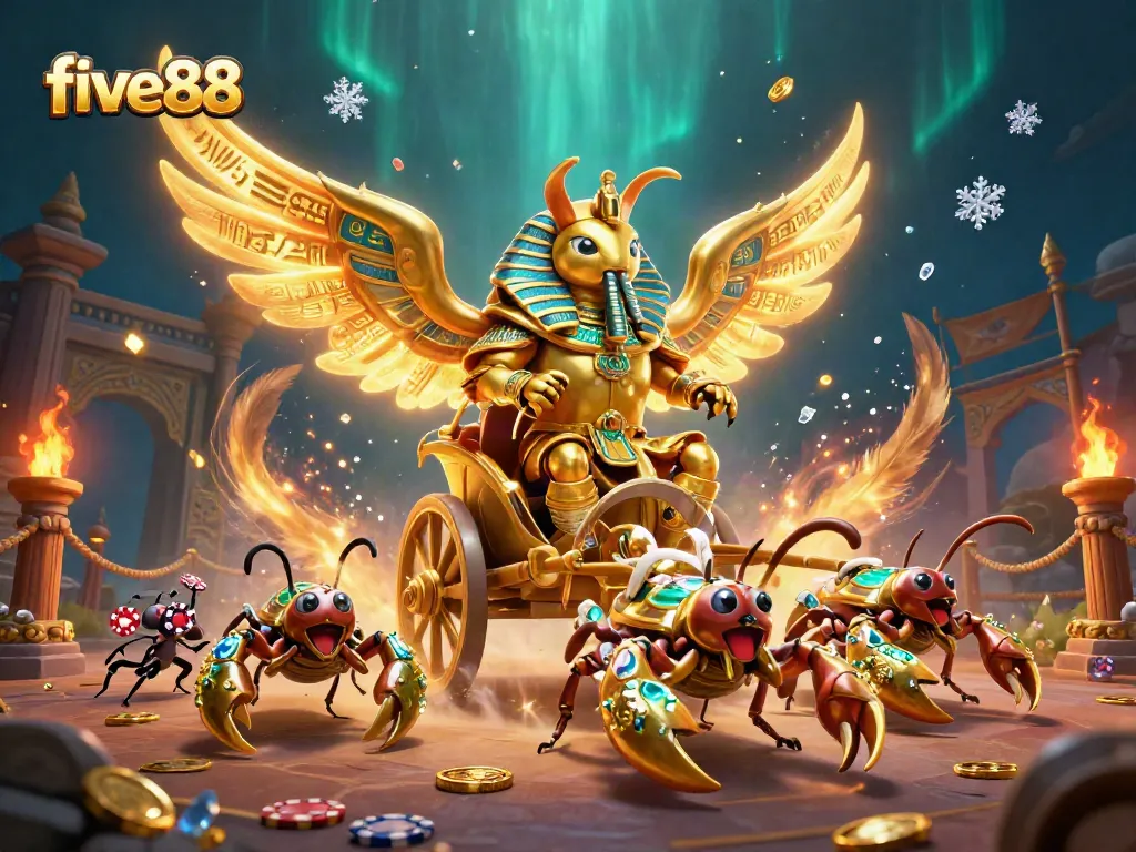 Engage with five88's thrilling casino experience featuring golden scarab beetles and poker chips in action.