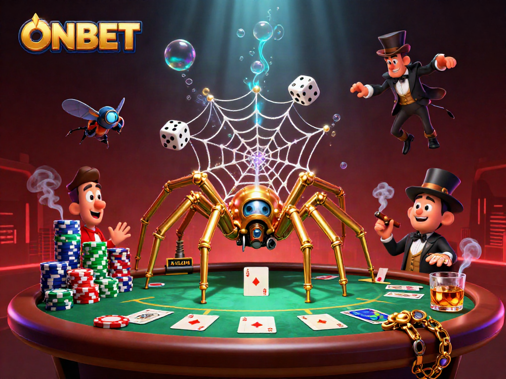 Engage with ONBET as a steampunk spider captures dice amidst a vibrant poker scene.