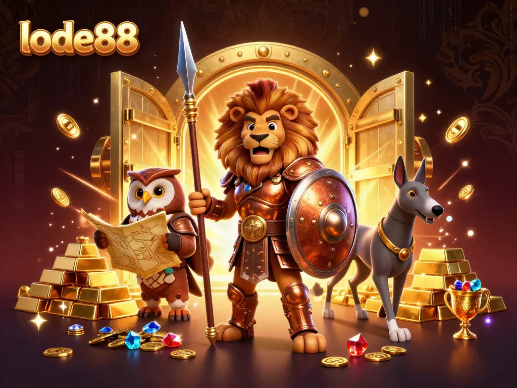 Engage in thrilling gaming at lode88 with an exciting 3D illustration of a Spartan lion and treasure elements.