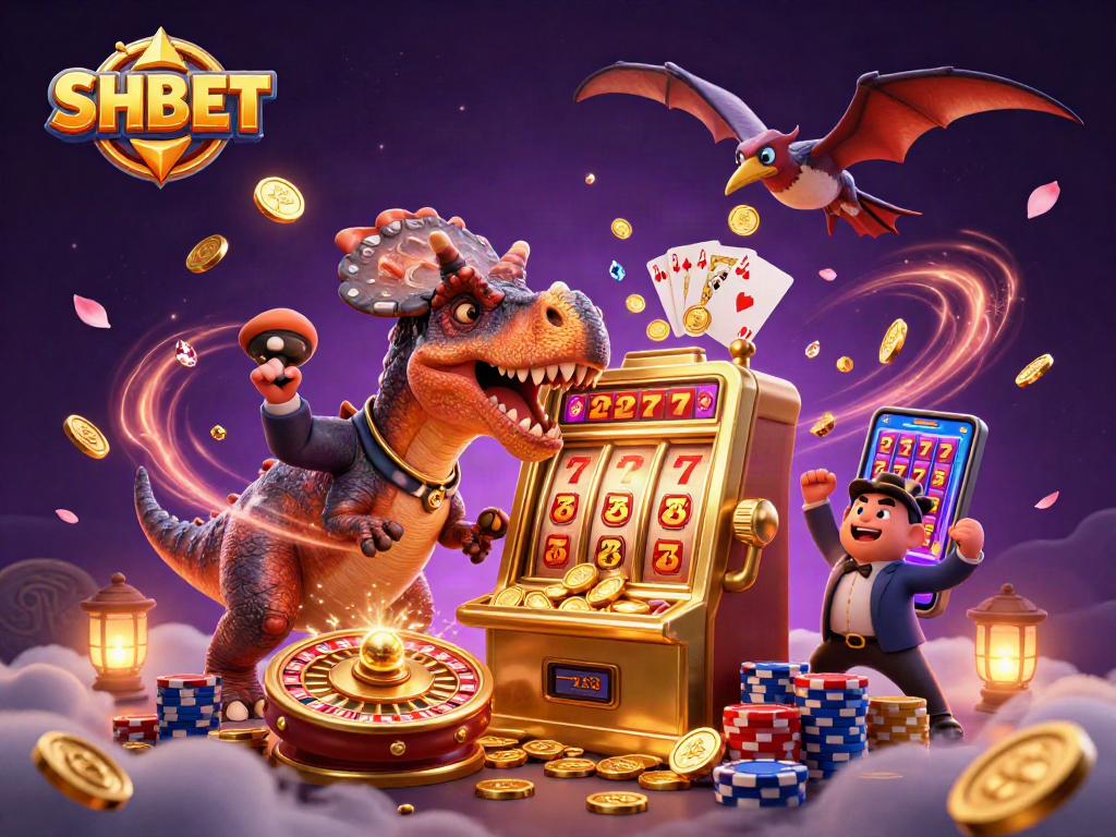 SHBET engages players with dynamic scenes of a pachycephalosaurus, slot machine, and flying coins.