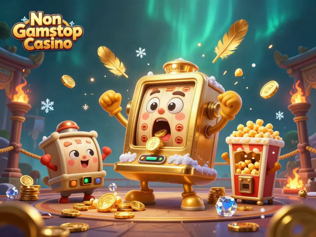 Engaging scene depicting Non Gamstop Casino with vibrant slot machines celebrating a jackpot win.
