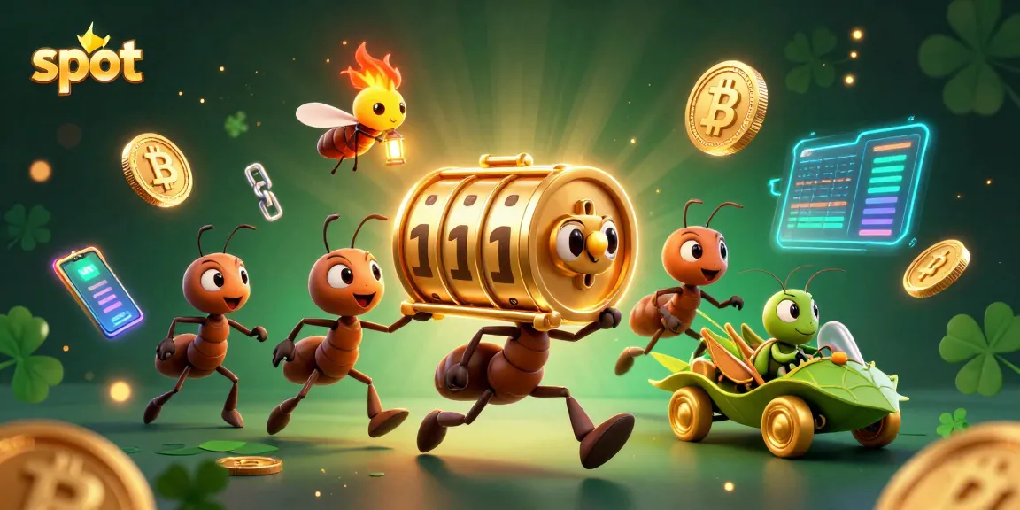Ants carry a giant slot reel in a tunnel while crypto coins and sparkling elements surround them.